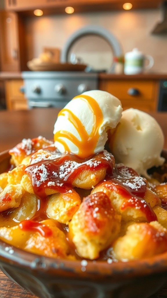 A warm bread pudding with powdered sugar and caramel sauce, served with vanilla ice cream in a rustic kitchen.